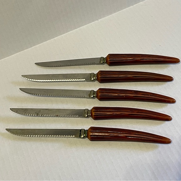 VTG Faux Antlers Faux Wood Bakelite Steak Knives Forgecraft Mid Century MCM x5 - Picture 2 of 3